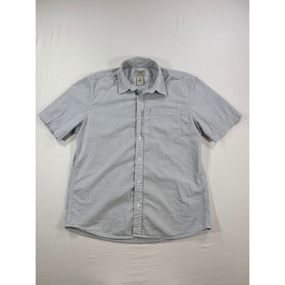 LL Bean Mens Seersucker Stripe Short Sleeve Button Up Shirt Blue White M
